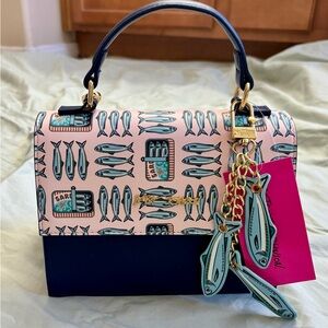Betsey Johnson Pink and Navy Sardine Print Top-Handle Satchel NWT